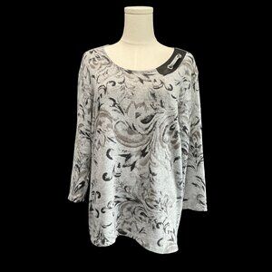 Grey/Black Knit Floral Print Top w/ Neckline Detail